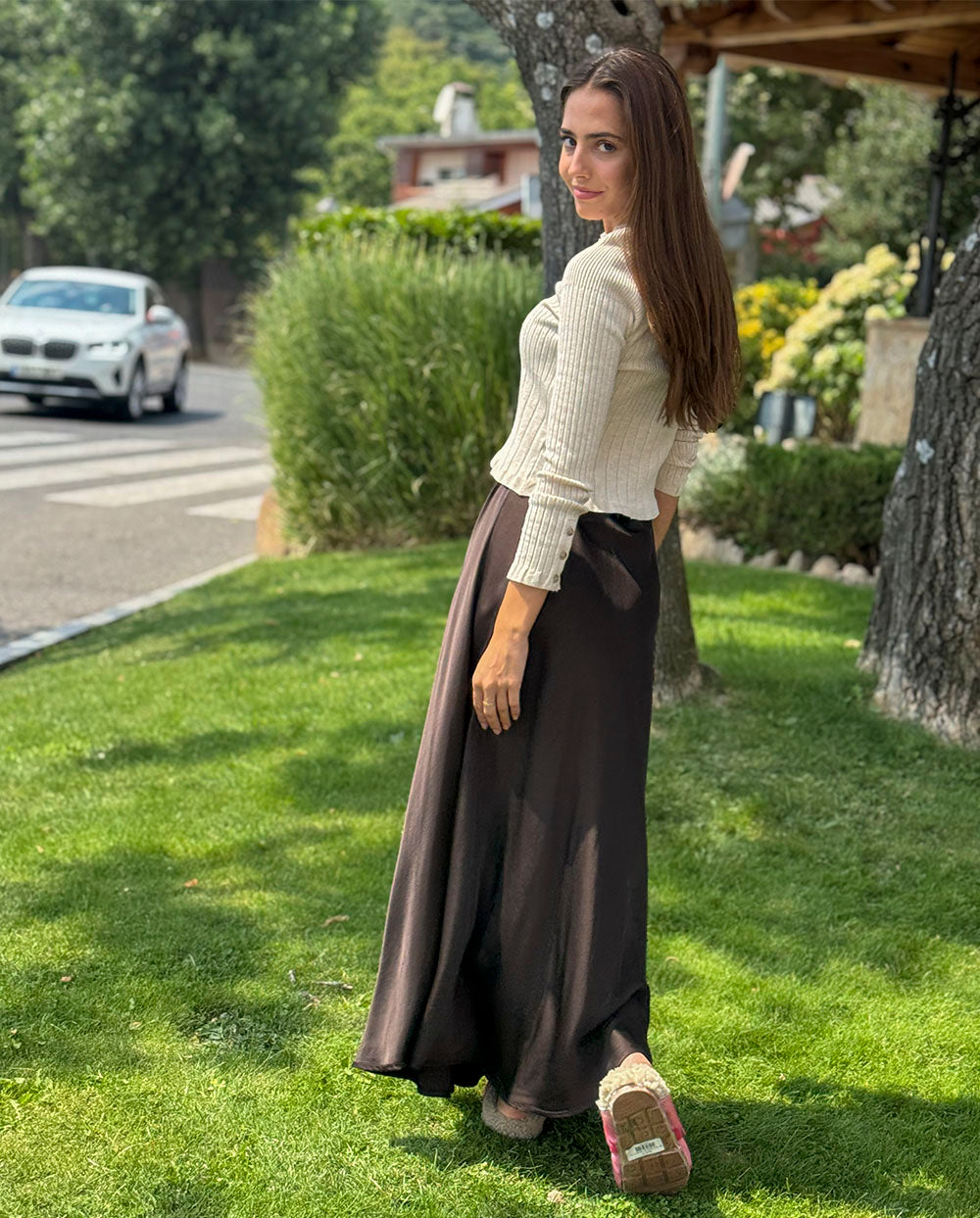 Falda larga satén marrón Rüga
