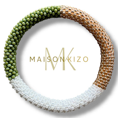 Pulsera nepalí tricolor verde oro y blanco