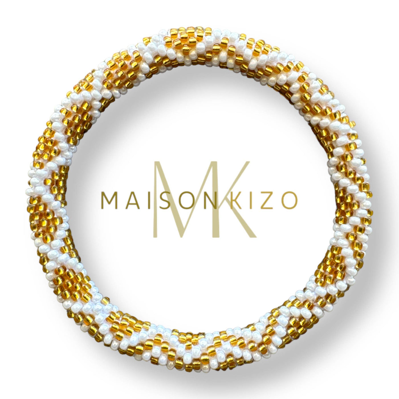 Pulsera nepalí zig zag blanco y dorado D04