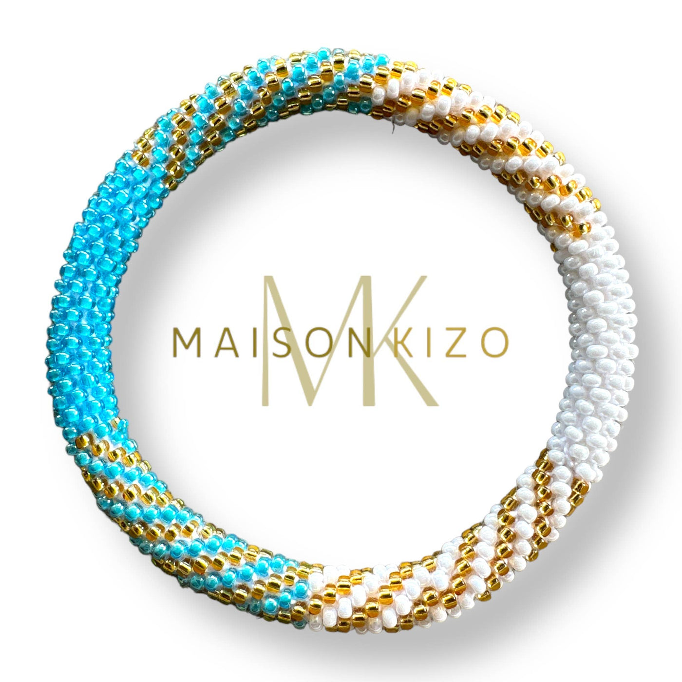 Pulsera nepalí azul, blanco y oro B119