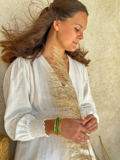 Pulsera nepalí rayas verde-naranja-oro