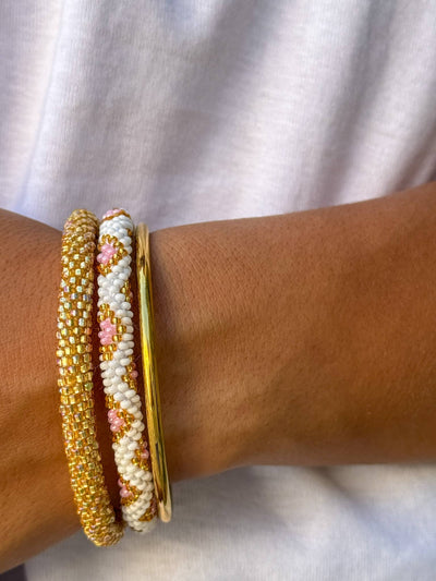 Pulsera nepalí blanco-rombos rosa oro