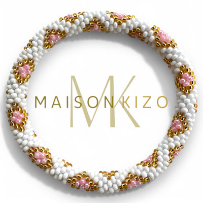 Pulsera nepalí blanco-rombos rosa oro