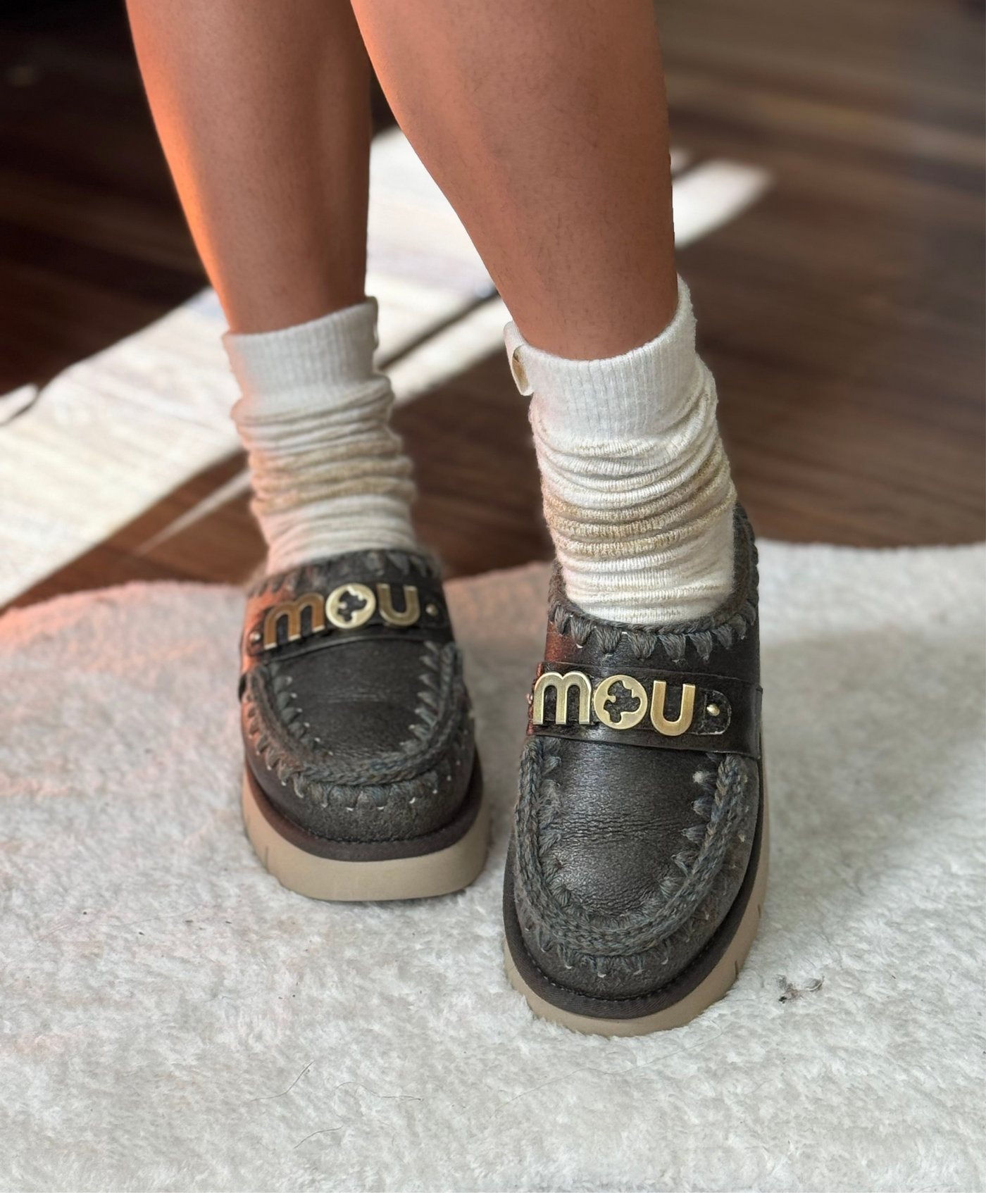 Mou Bounce Clog metal logo special leather denim