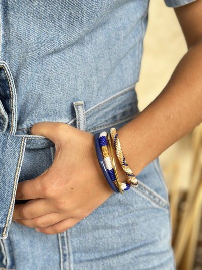 Pulsera nepalí rayas zaul-blanco-oro