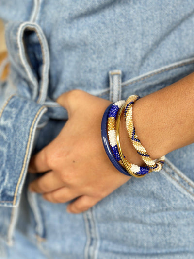 Pulsera nepalí rayas zaul-blanco-oro