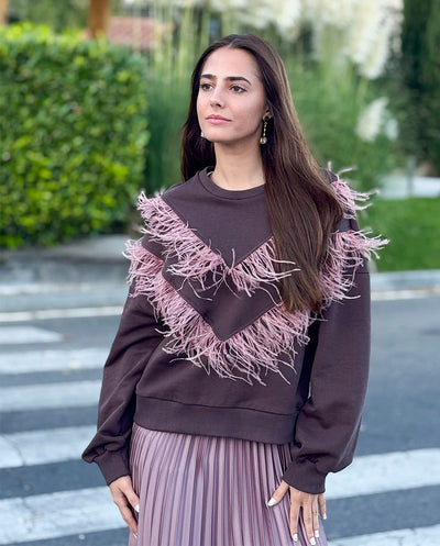 Sudadera marrón chocolate plumas D´elle
