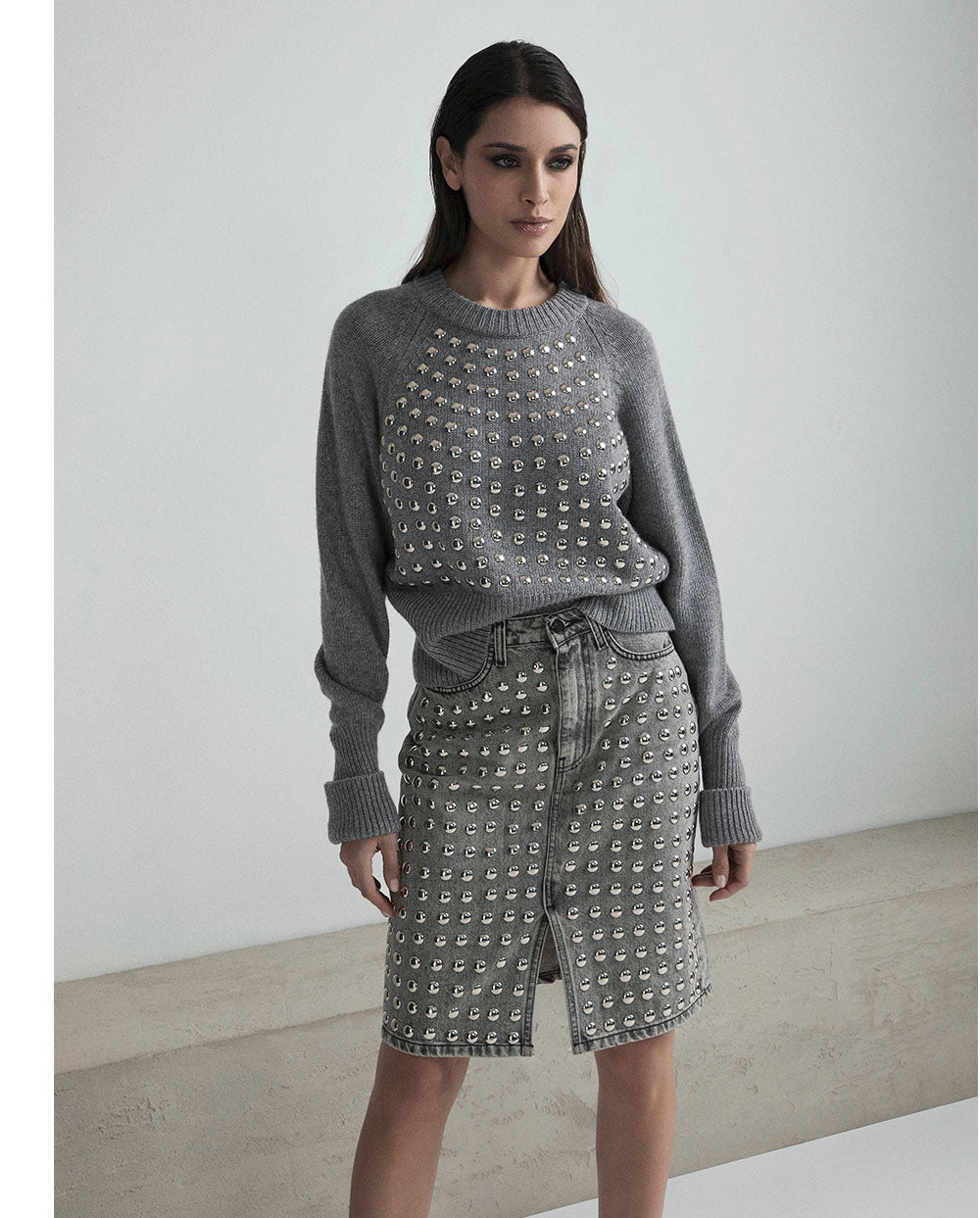 Falda denim gris tachas Odi et Amo