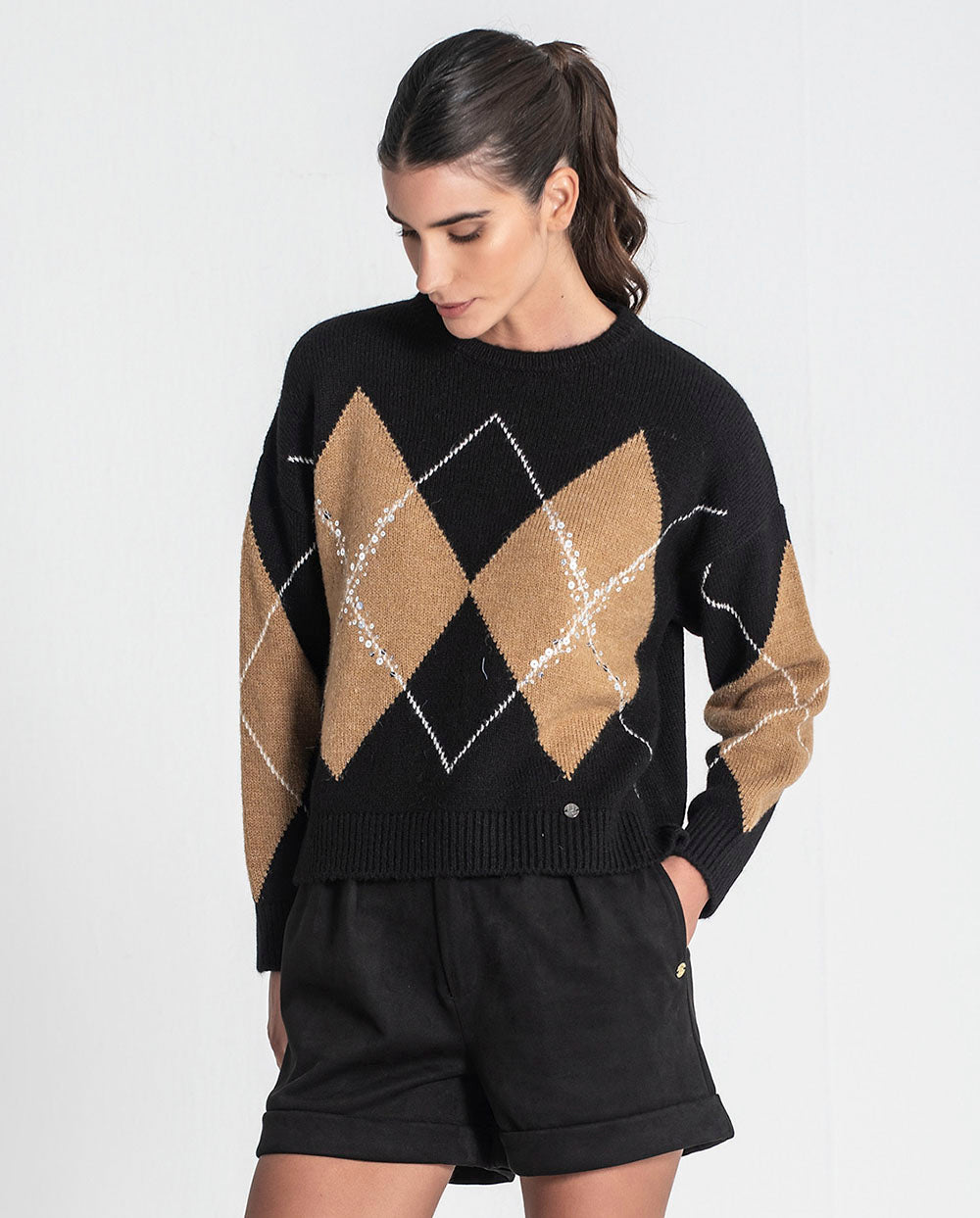 Jersey jacquard rombos negro Rüga