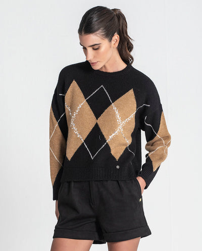 Jersey jacquard rombos negro Rüga