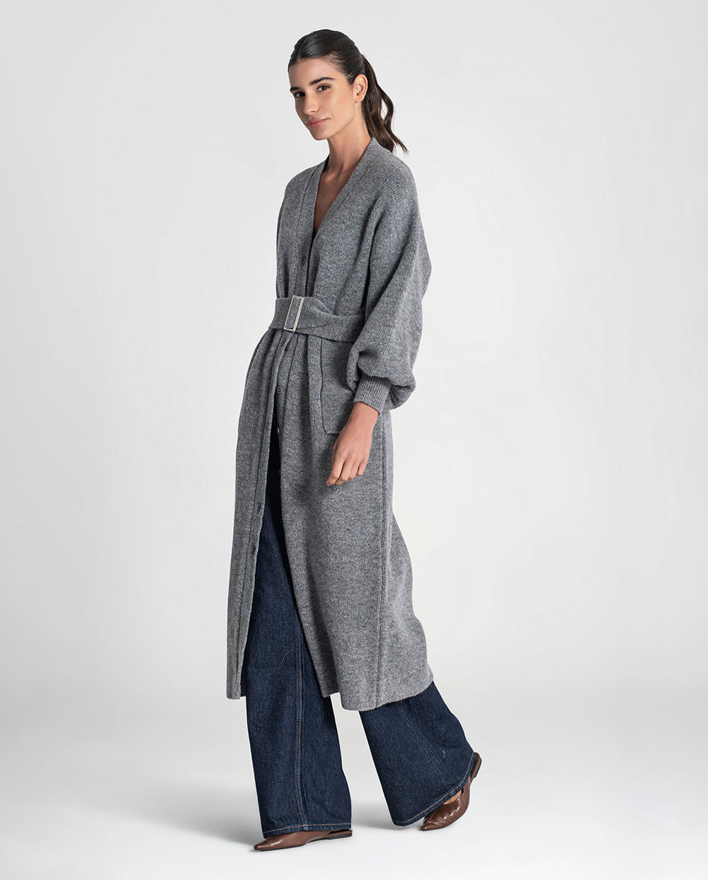 Vestido cardigan punto con cinturón gris Rüga