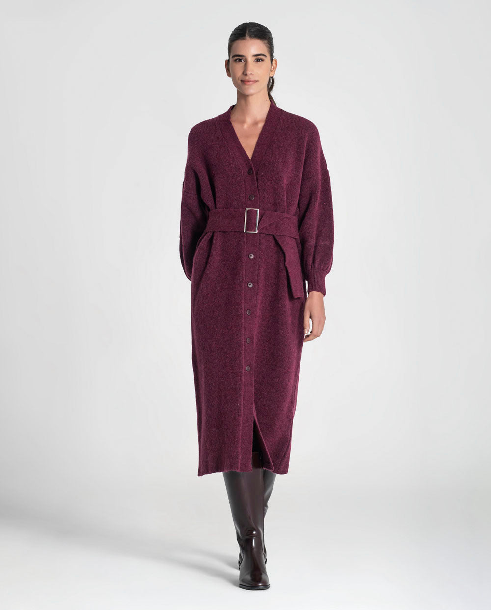 Vestido Cardigan de punto con cinturón borgoña Rüga