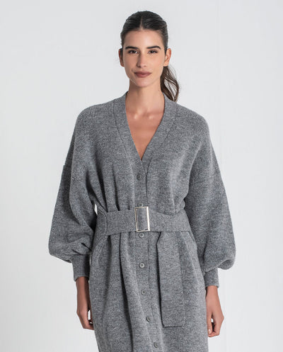 Vestido cardigan punto con cinturón gris Rüga