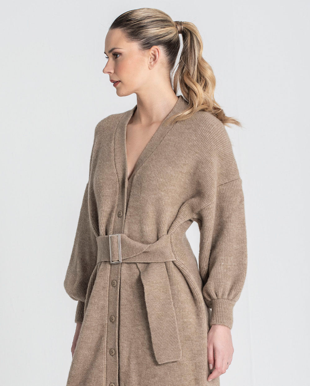Vestido Cardigan de punto con cinturón topo Rüga