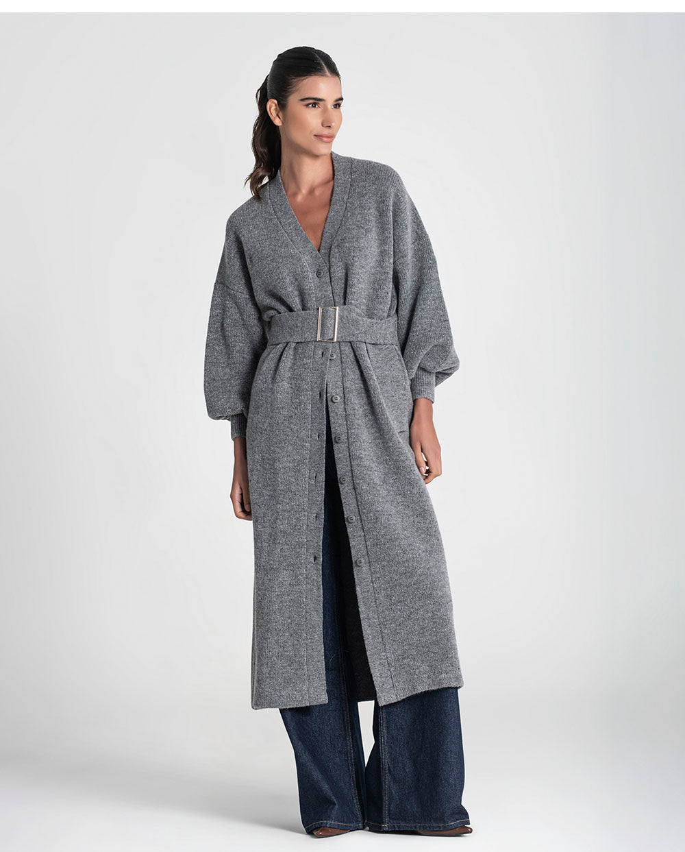 Vestido cardigan punto con cinturón gris Rüga