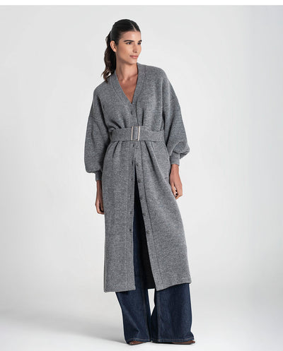 Vestido cardigan punto con cinturón gris Rüga