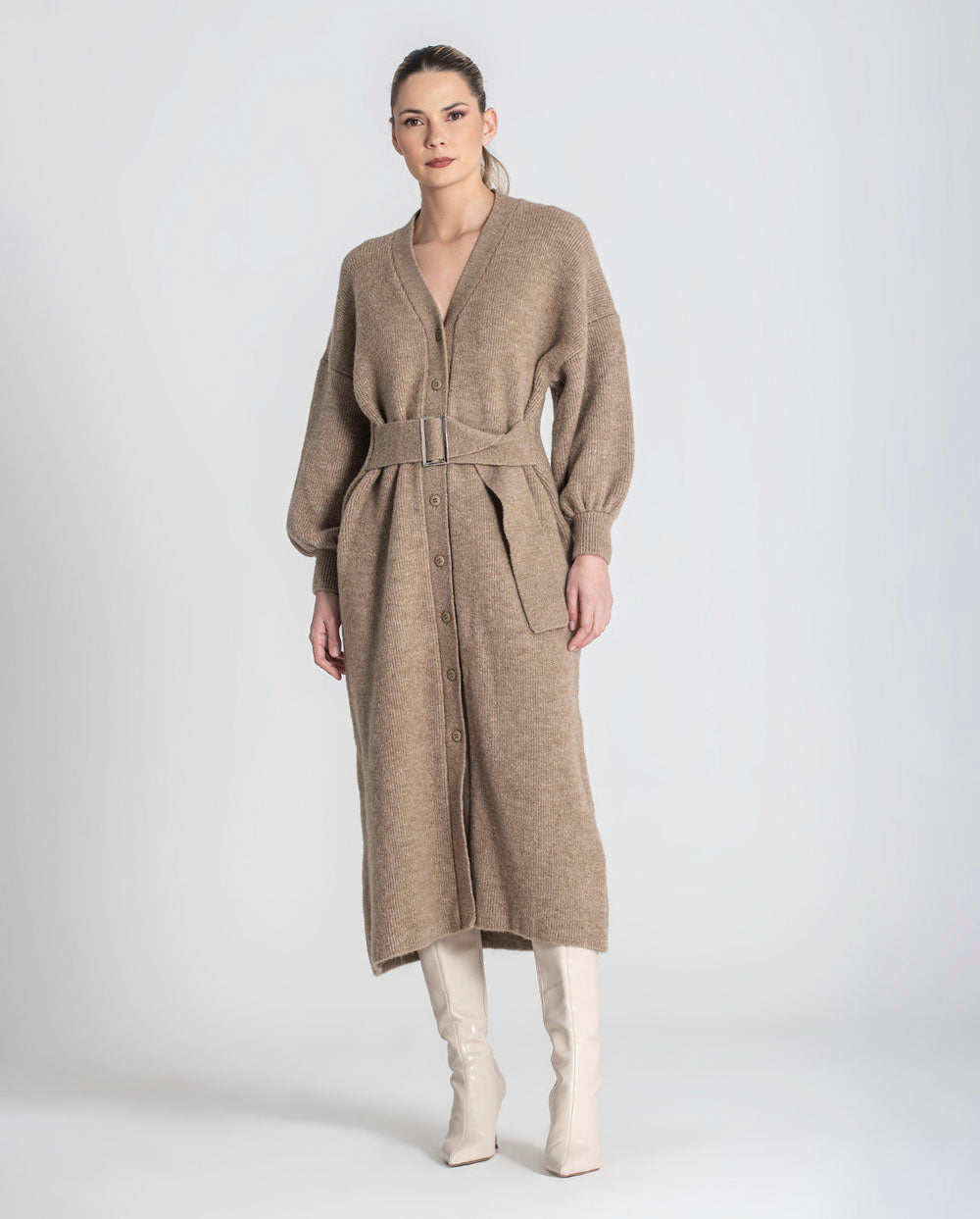 Vestido Cardigan de punto con cinturón topo Rüga