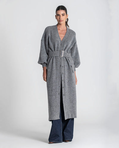 Vestido cardigan punto con cinturón gris Rüga
