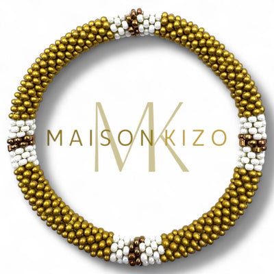 Pulsera nepalí oro mate raya blanca B09