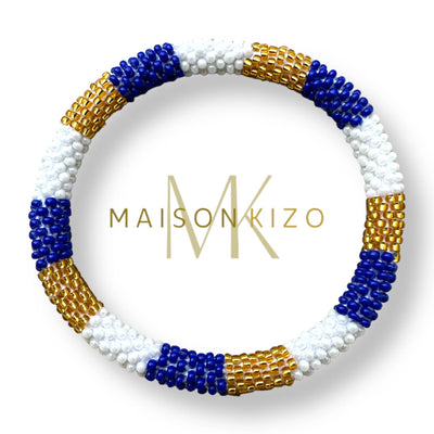 Pulsera nepalí rayas zaul-blanco-oro