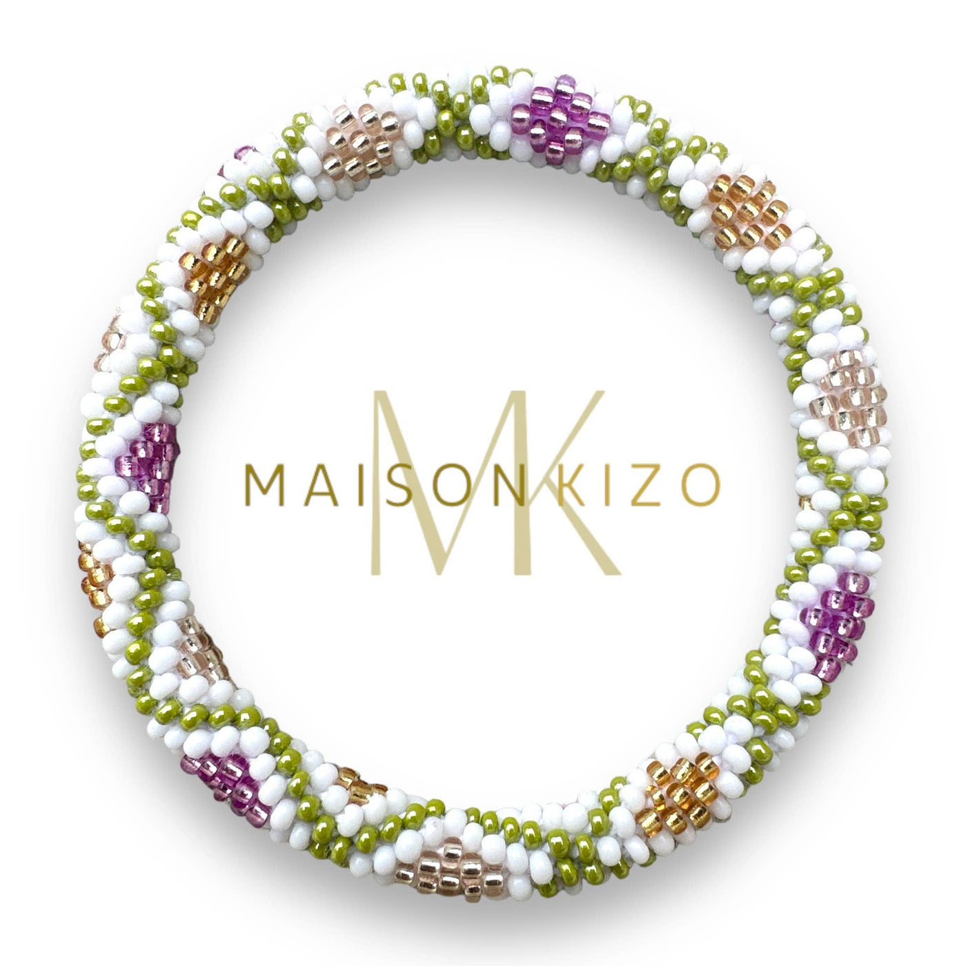 Pulsera nepalí verde rombos oro y lavanda