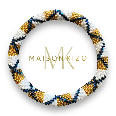 Pulsera nepalí blanco-oro cordón azul
