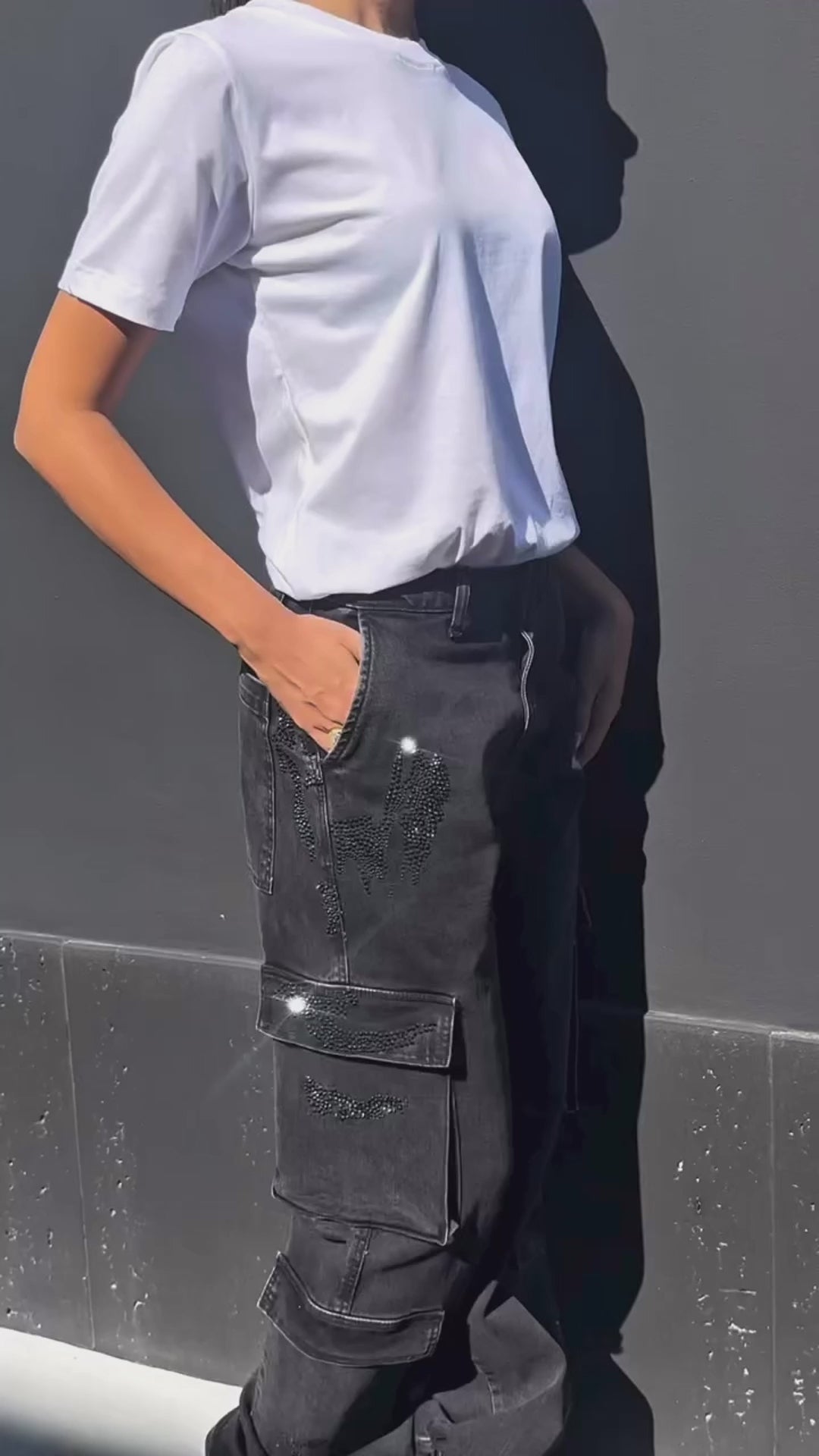 Pantalon denim cargo strass Odi et Amo